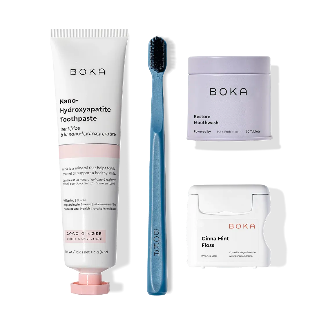 Boka Advanced Kit with kid-friendly toothpaste, black brush, mouthwash tabs & mint floss.