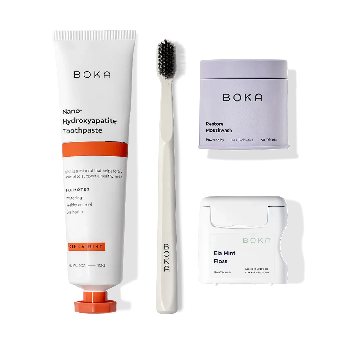Advanced Kit: toothpaste, toothbrush & mint floss—safe for kids if toothpaste is swallowed.