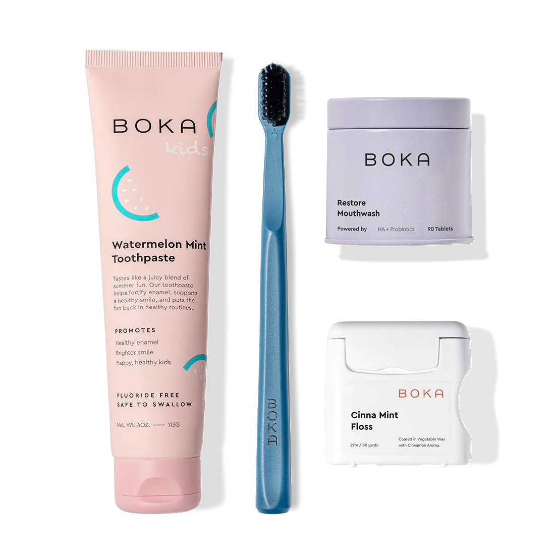 Boka Advanced Kit: safe toothpaste for kids, blue brush, mouthwash tablets, Cinna Mint floss.