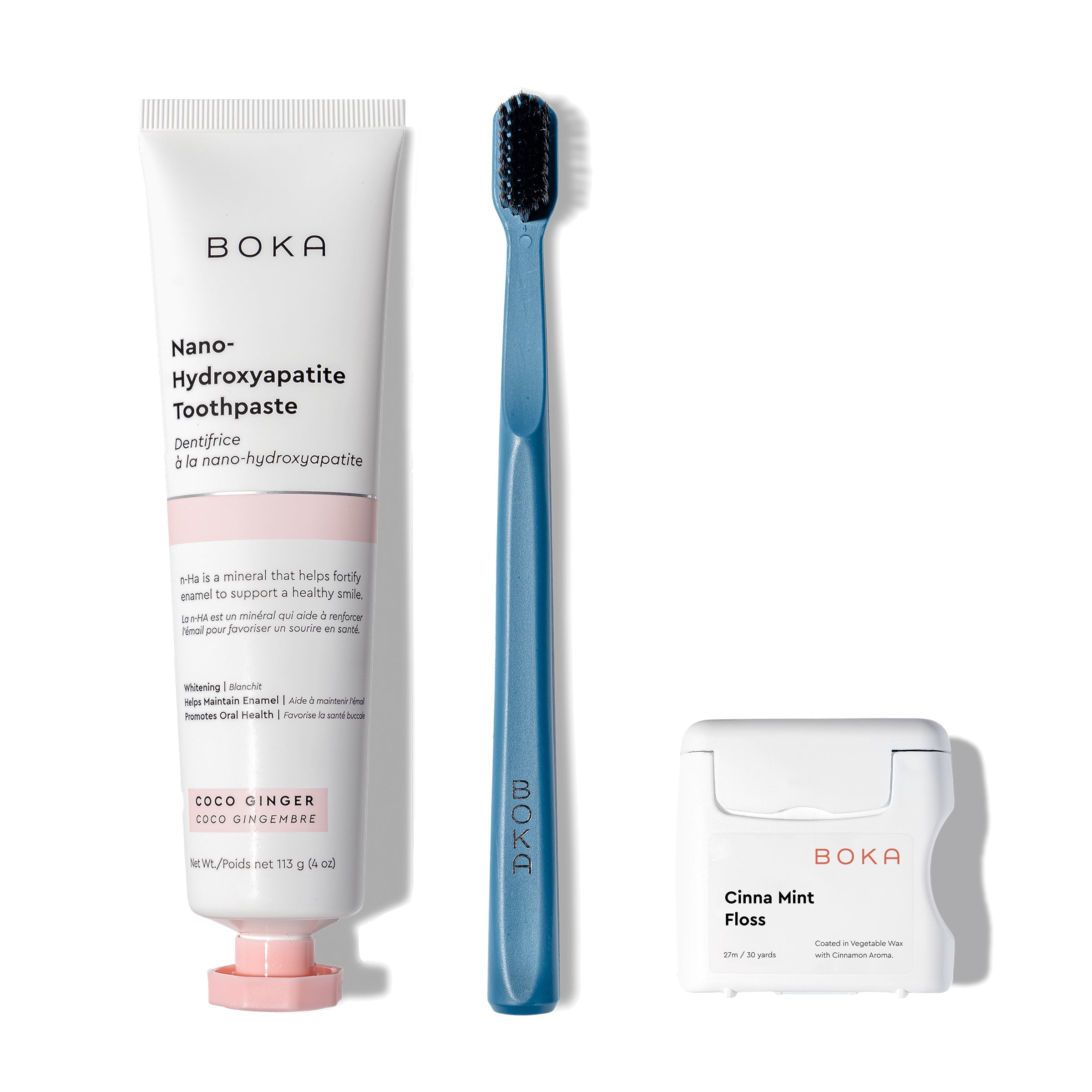 Classic Kit: nano-hydroxyapatite toothpaste, blue charcoal-bristle brush & teflon-free floss.