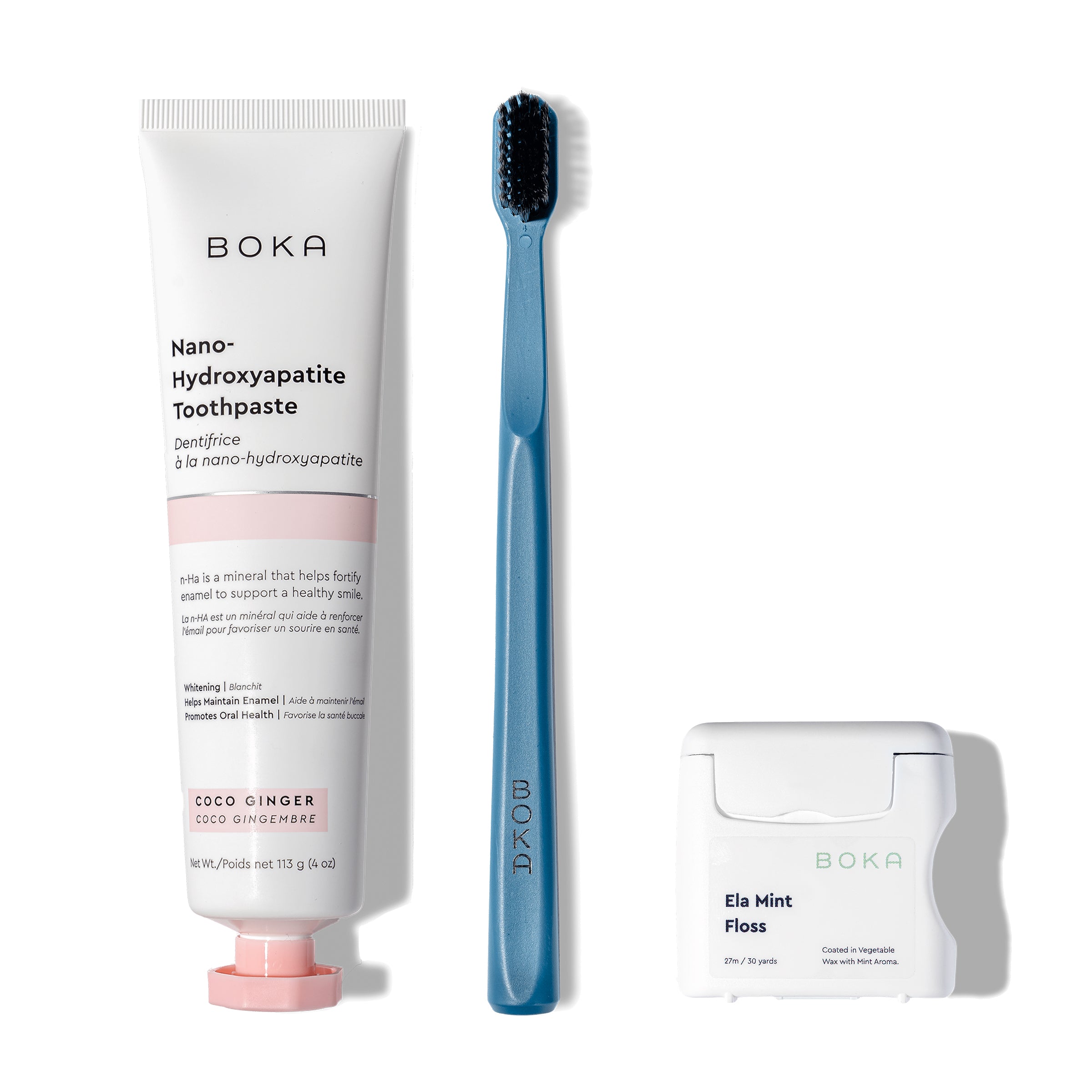Classic Kit: nano-hydroxyapatite toothpaste, blue brush with charcoal bristles, and teflon-free floss.