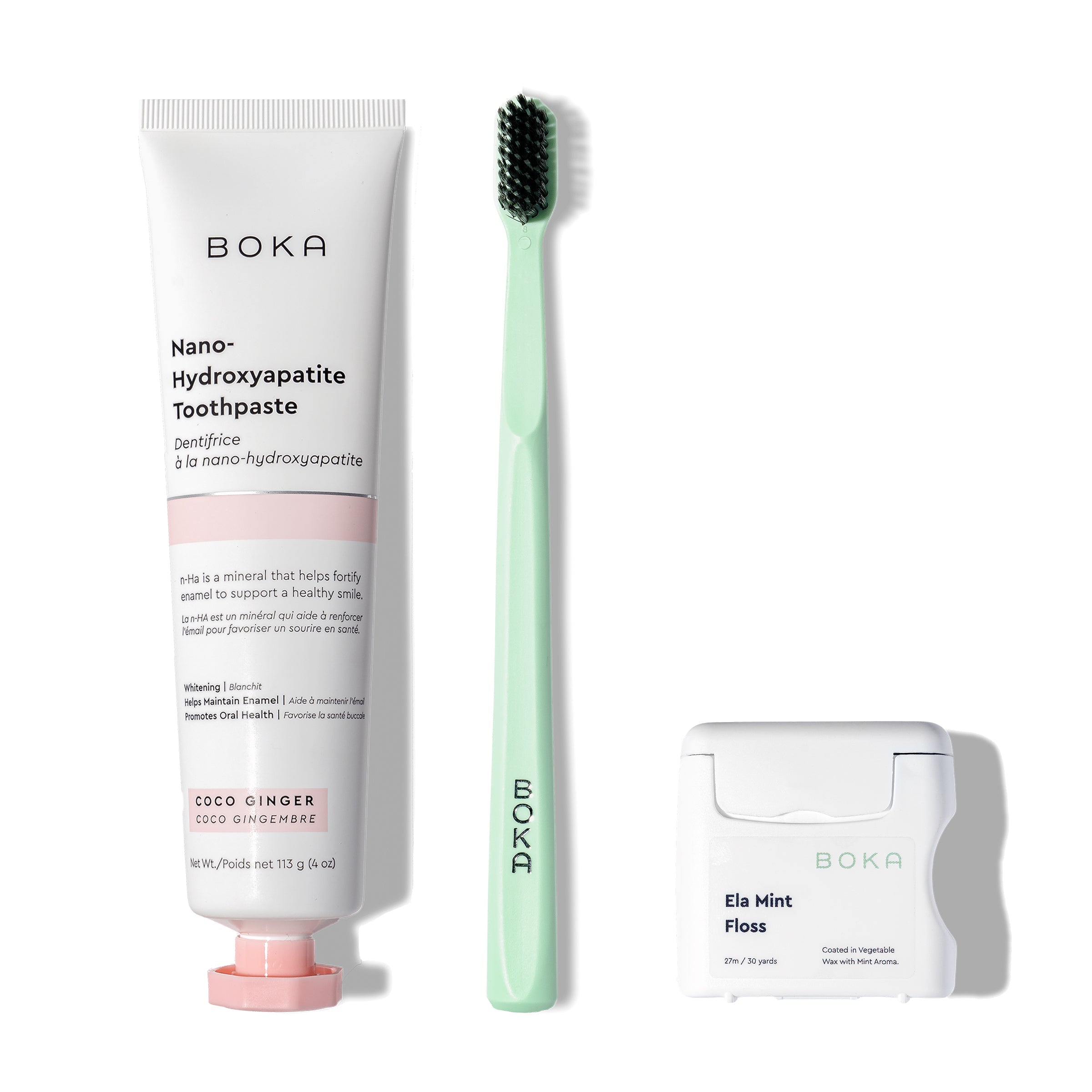 Classic Kit: nano-hydroxyapatite toothpaste, green brush with charcoal bristles, teflon-free floss.