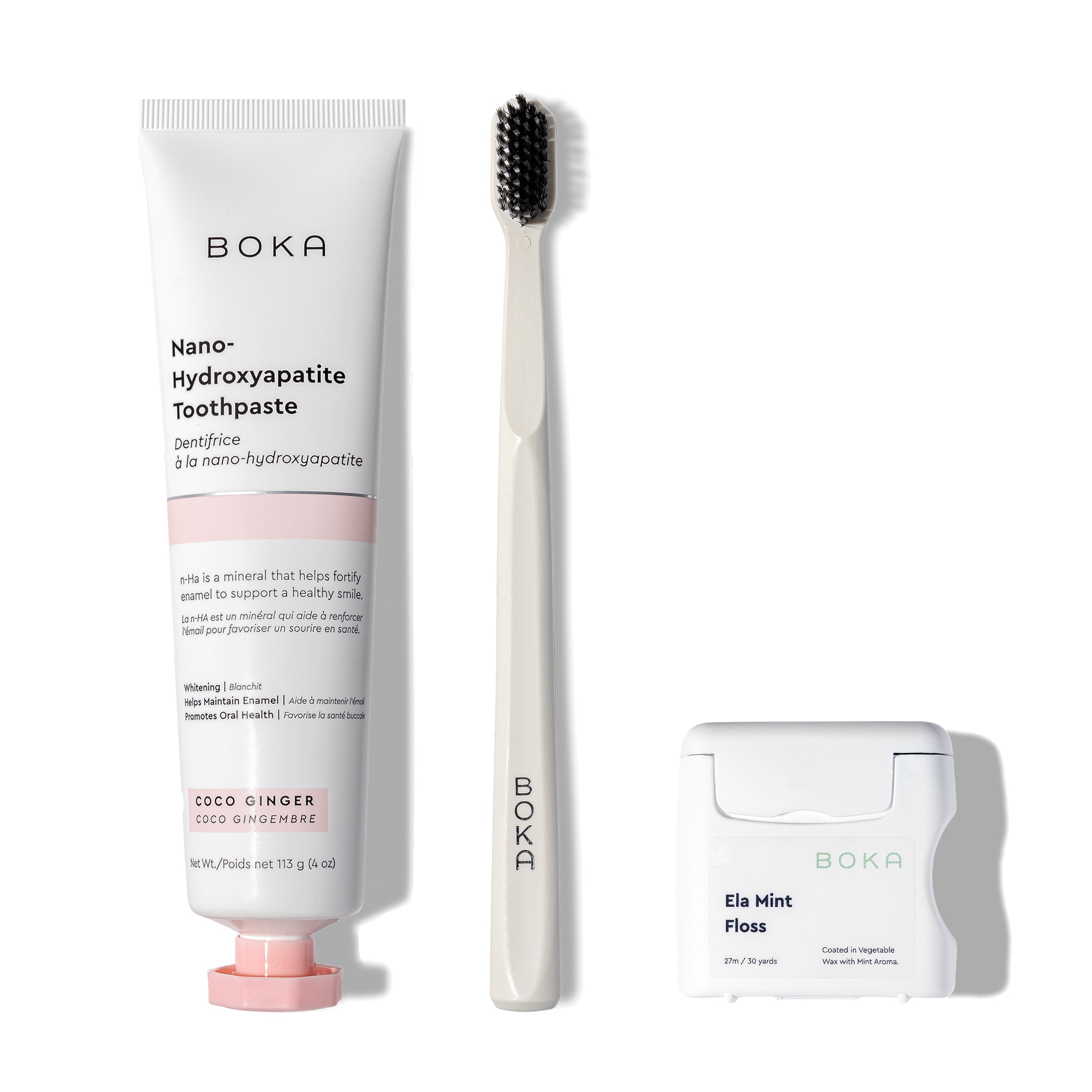 Classic Kit: toothpaste with nano-hydroxyapatite, teflon-free floss, and charcoal bristle toothbrush.