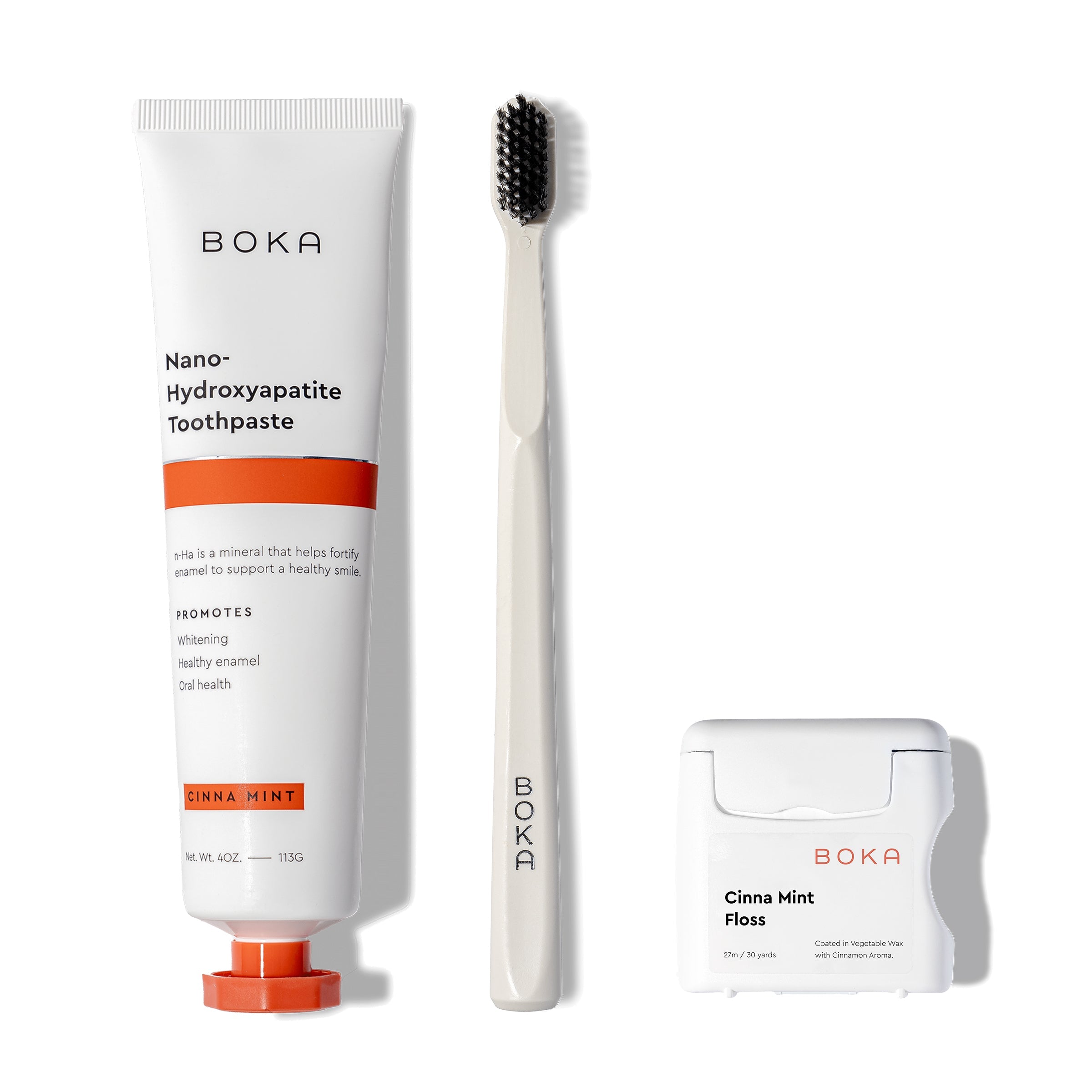Classic Kit: nano-hydroxyapatite toothpaste, charcoal bristles, teflon-free floss, minimal design.