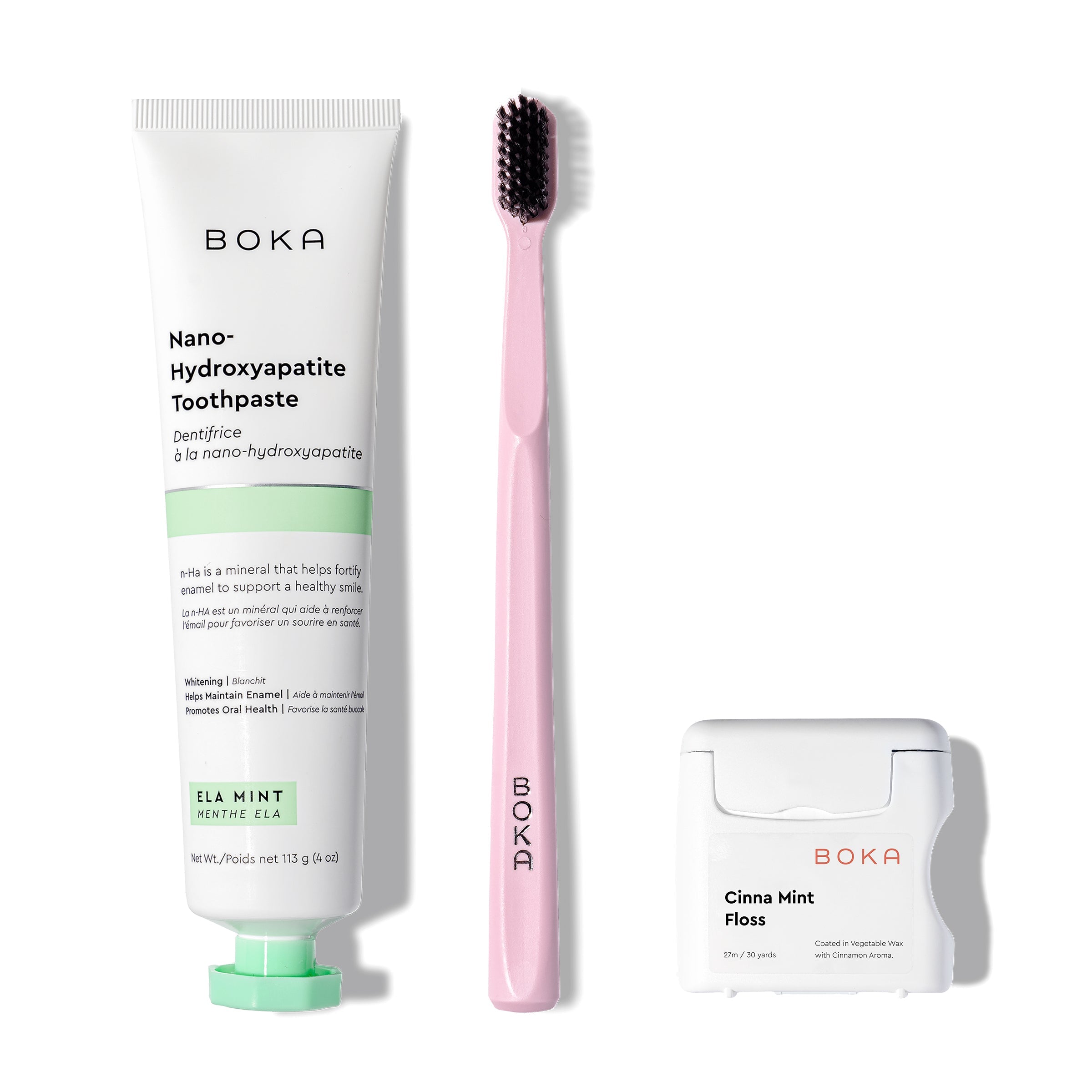 Classic Kit: nano-hydroxyapatite toothpaste, pink charcoal-bristle brush, teflon-free floss.