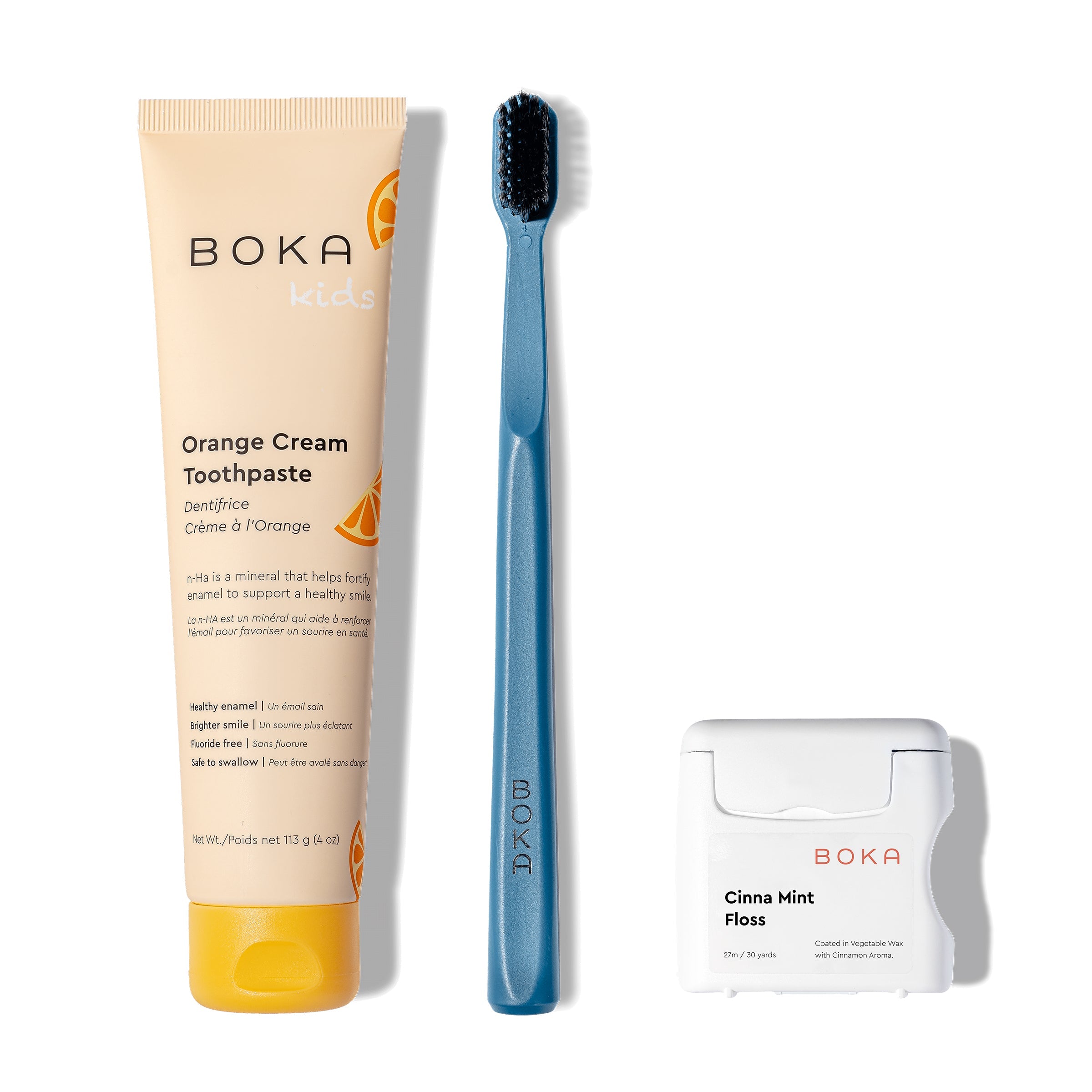 Classic Kit: nano-hydroxyapatite toothpaste, blue brush with charcoal bristles, teflon-free floss.
