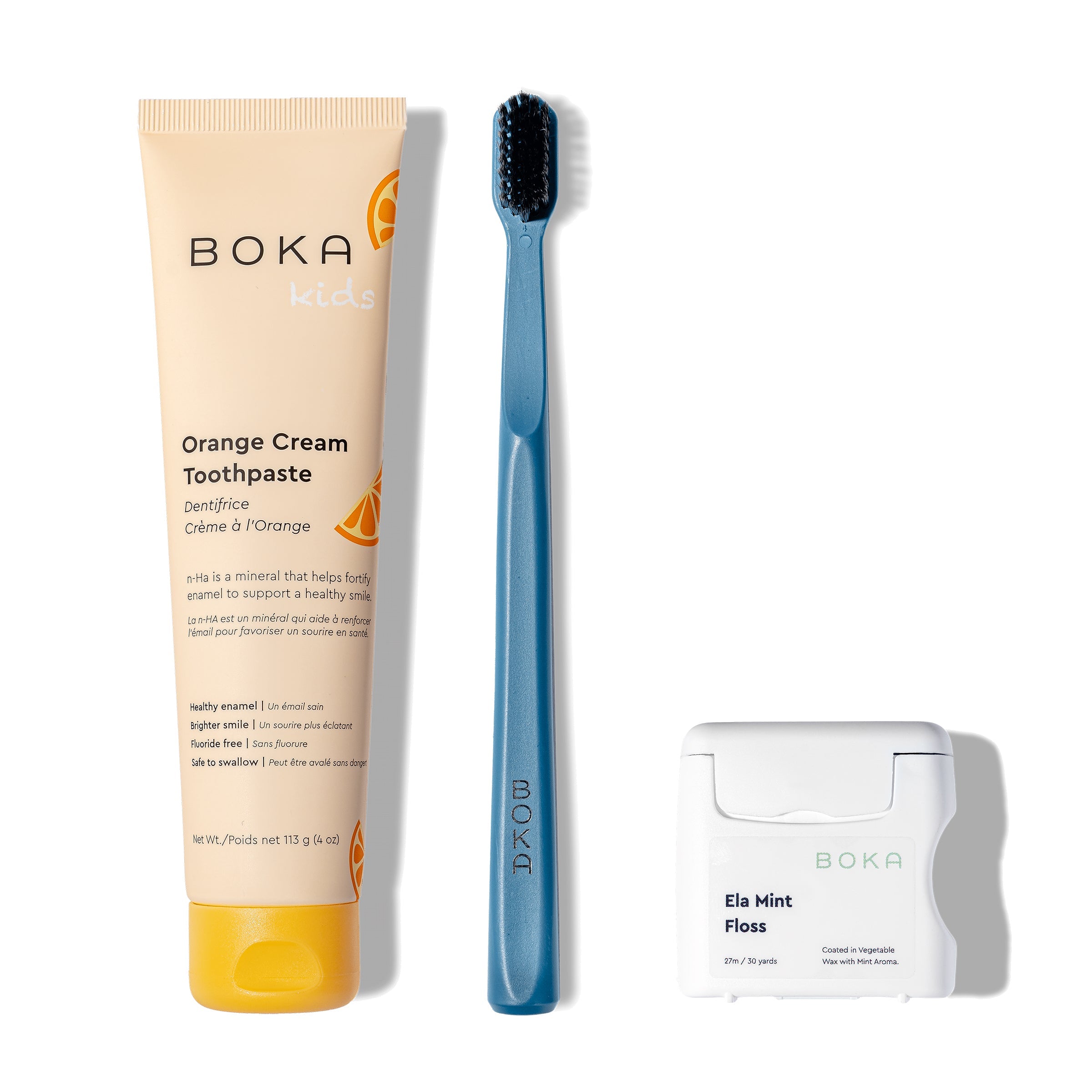 Classic Kit: Orange Cream nano-hydroxyapatite toothpaste, blue charcoal brush, teflon-free floss.
