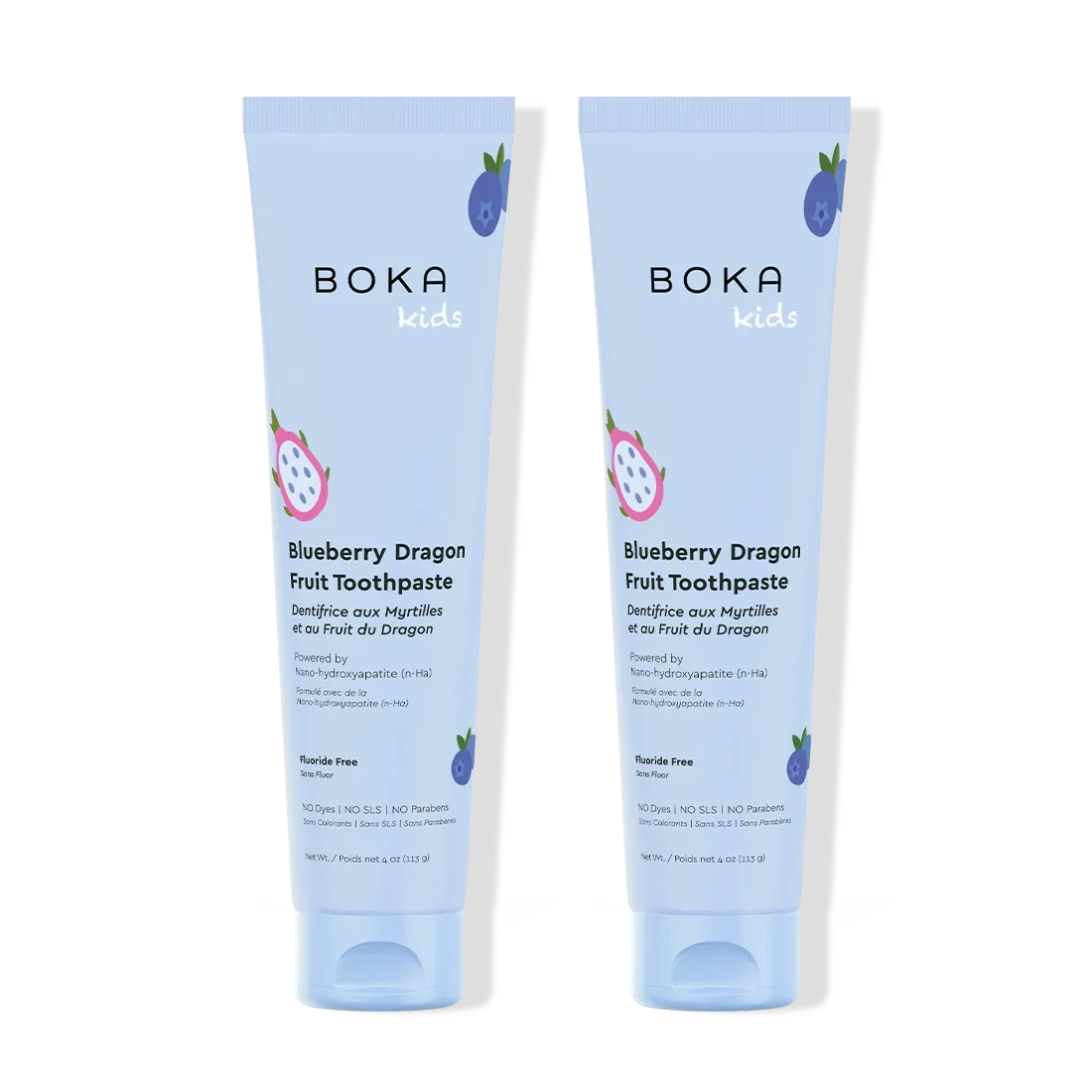 Two tubes of Boka Kids Blueberry Dragon Fruit Toothpaste on a white background