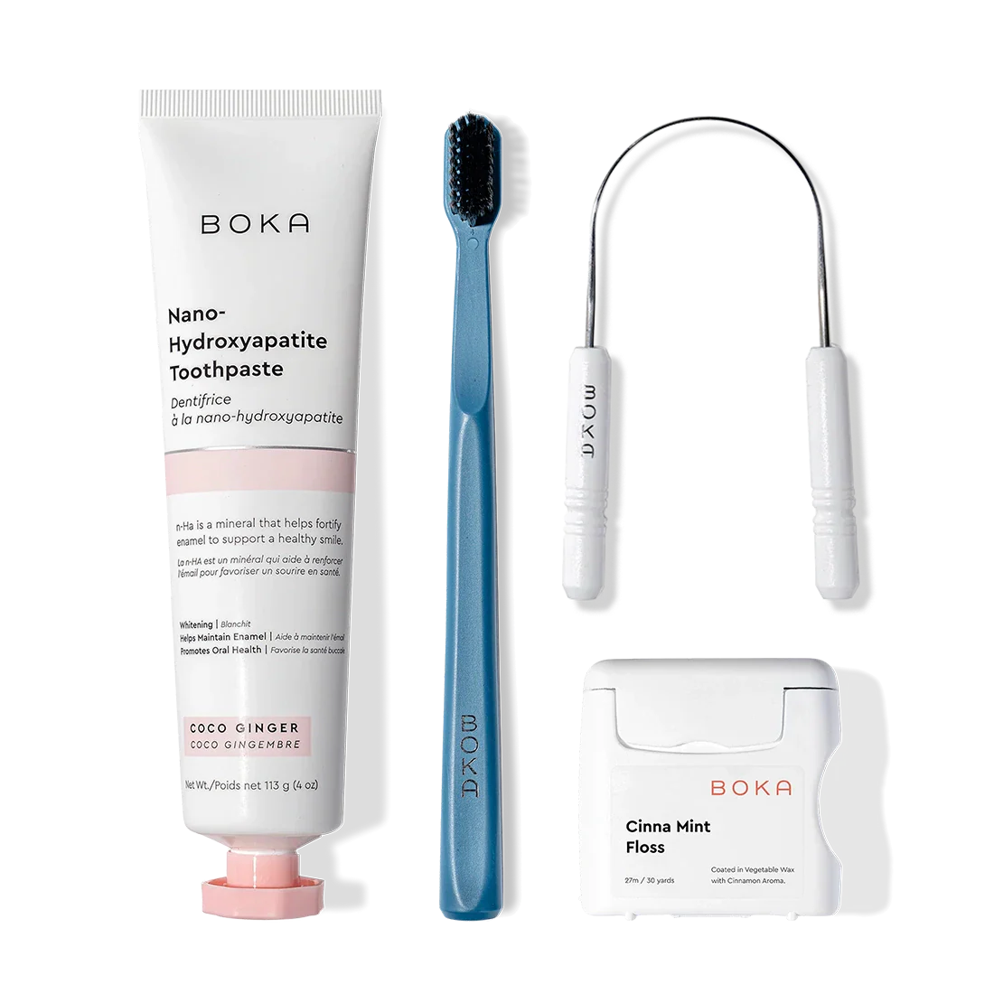 Starter Kit: nano-hydroxyapatite toothpaste, blue charcoal bristle brush, floss & U-shaped tongue scraper.