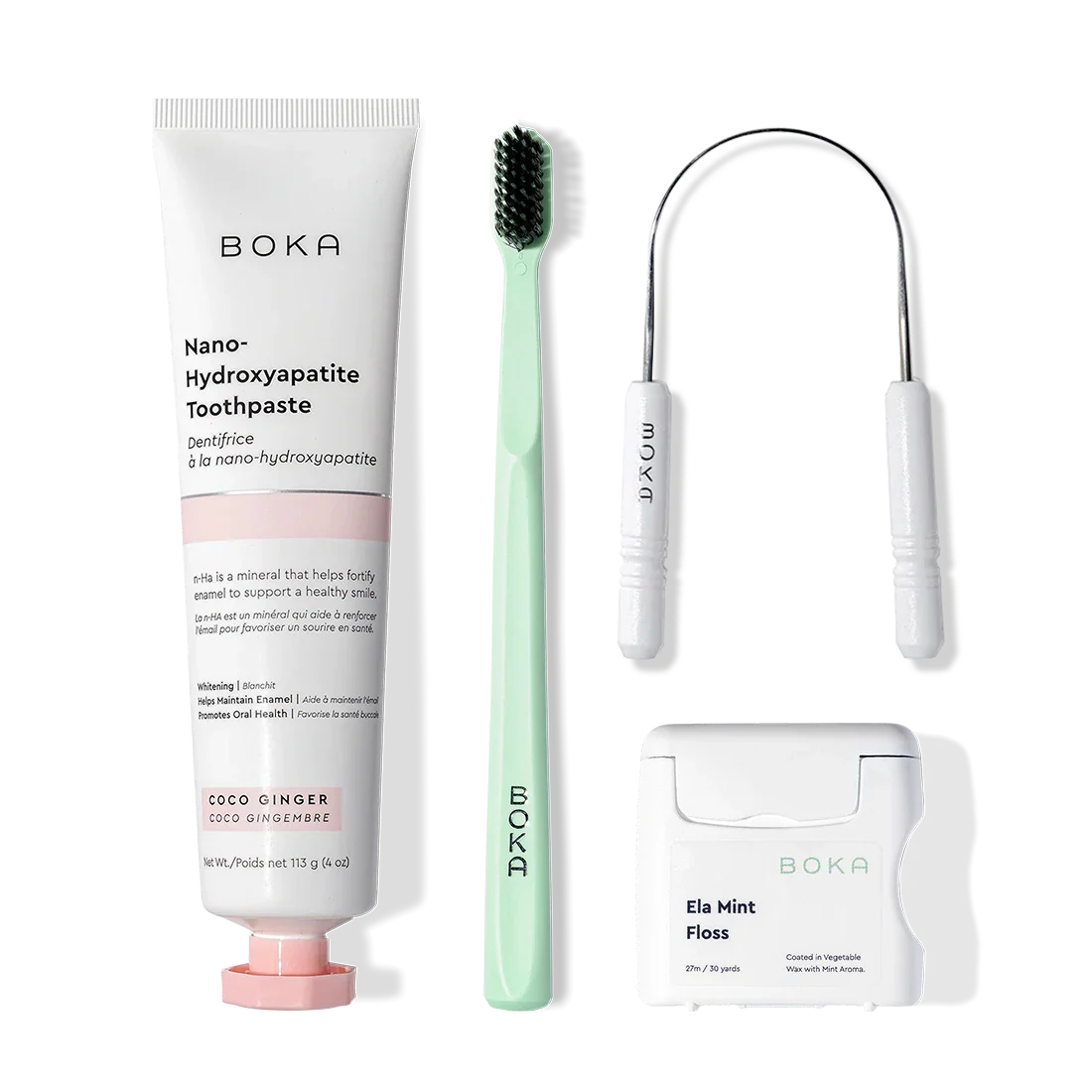 The Starter Kit with nano-hydroxyapatite toothpaste, green charcoal toothbrush, tongue cleaner & floss.