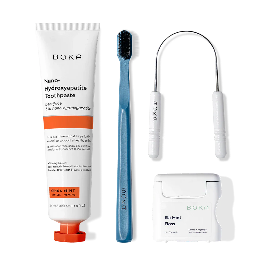 Starter Kit: nano-hydroxyapatite toothpaste, blue charcoal toothbrush, tongue cleaner & floss.