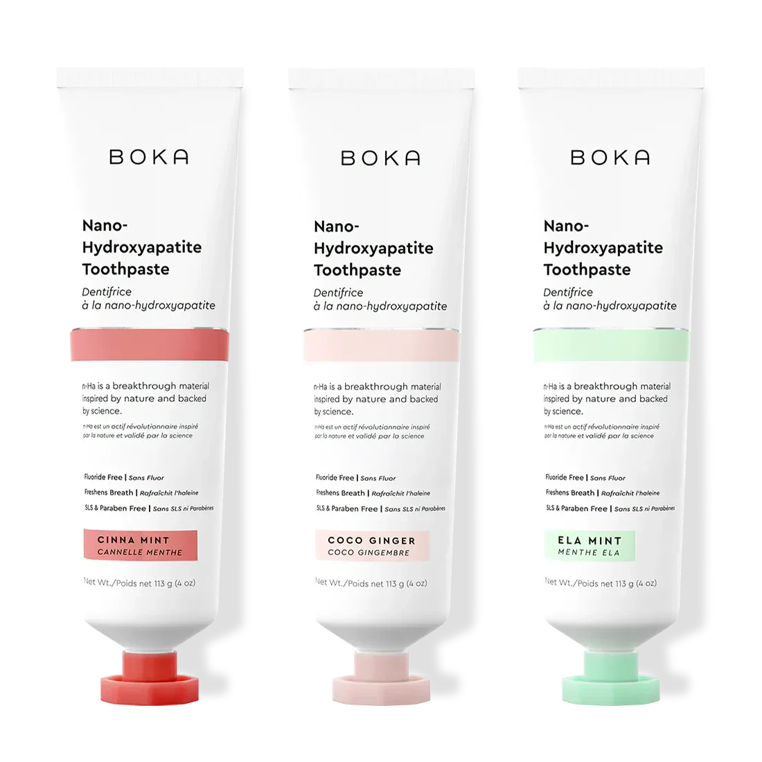Three tubes of Boka Nano-Hydroxyapatite Toothpaste in different flavors on a white background.