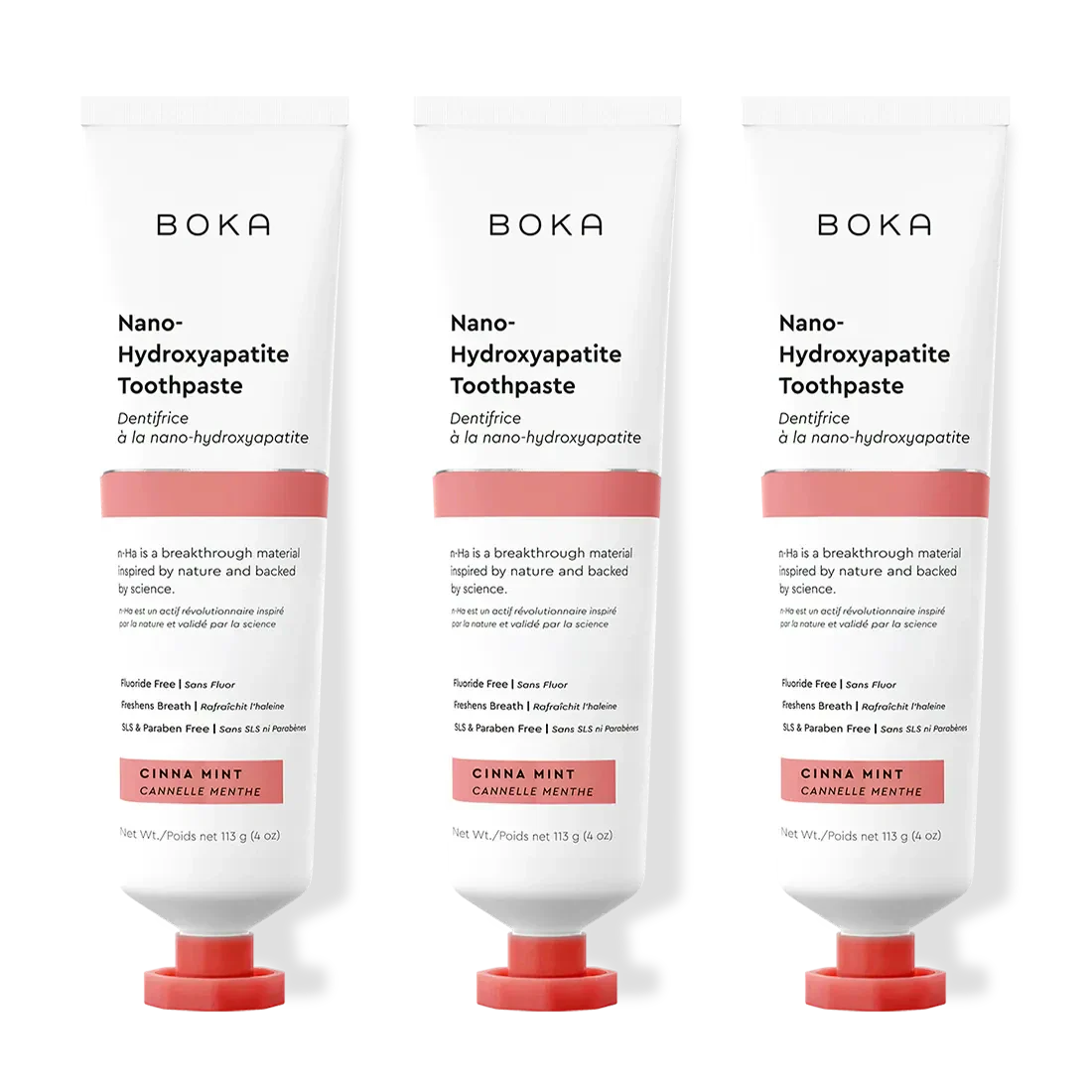 Three tubes of Boka Nano-Hydroxyapatite Toothpaste with different flavors on a white background.