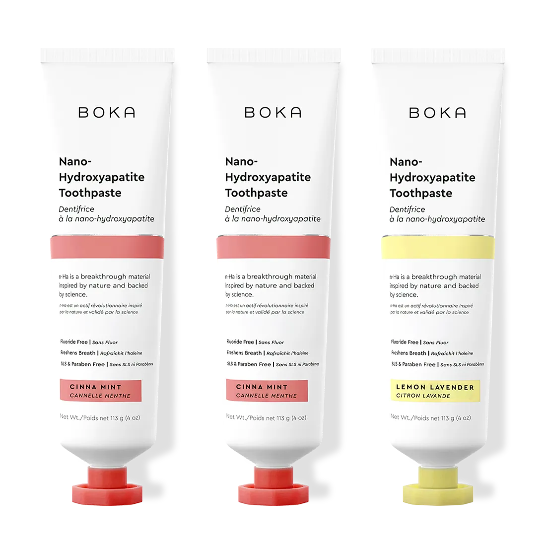 Three bottles of Boka Nano-Hydroxyapatite Toothpaste on a white background