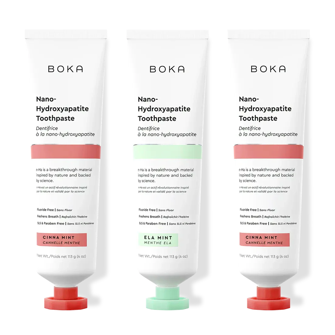 Three bottles of Boka Nano-Hydroxyapatite Toothpaste on a white background