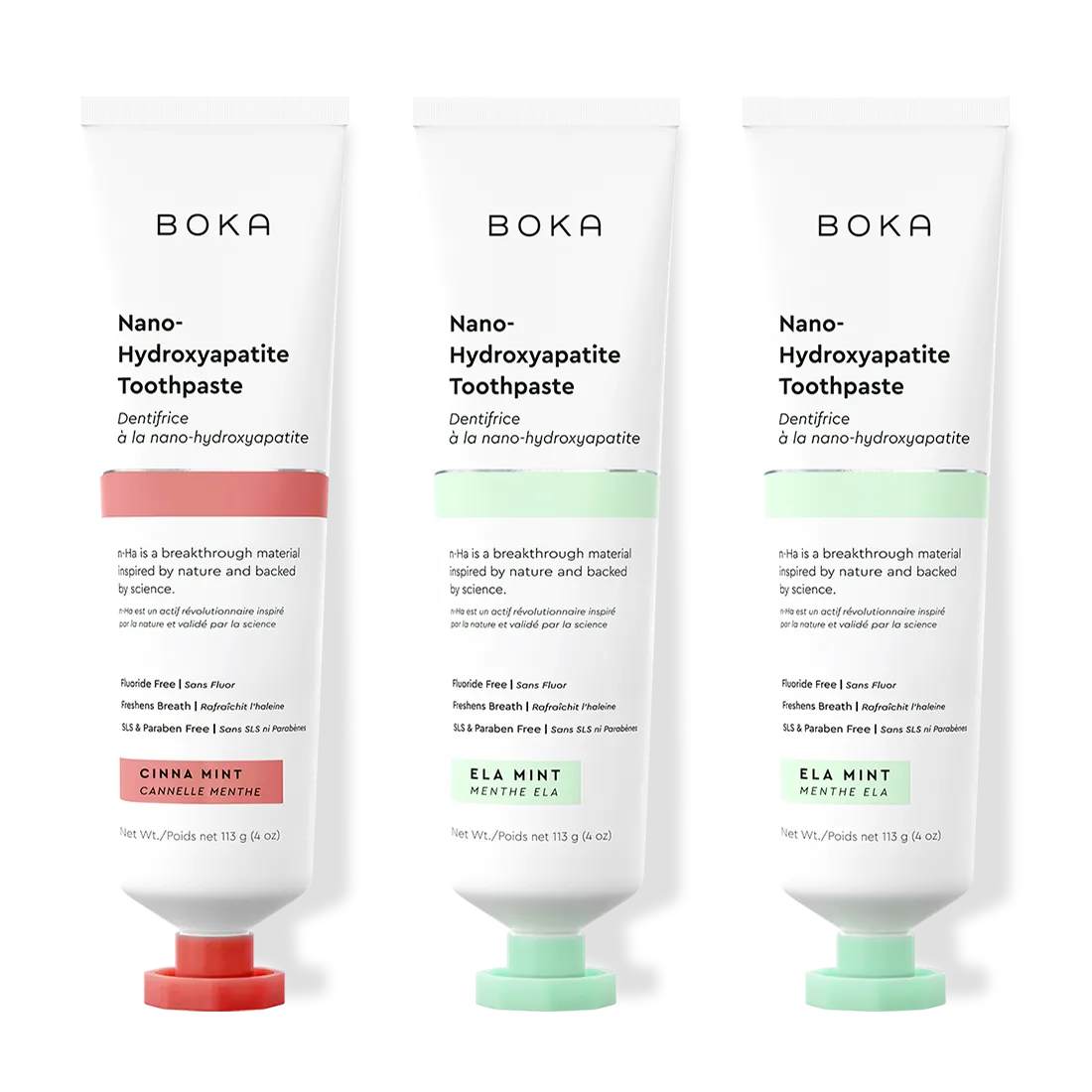 Three tubes of Boka Nano-Hydroxyapatite Toothpaste on a white background