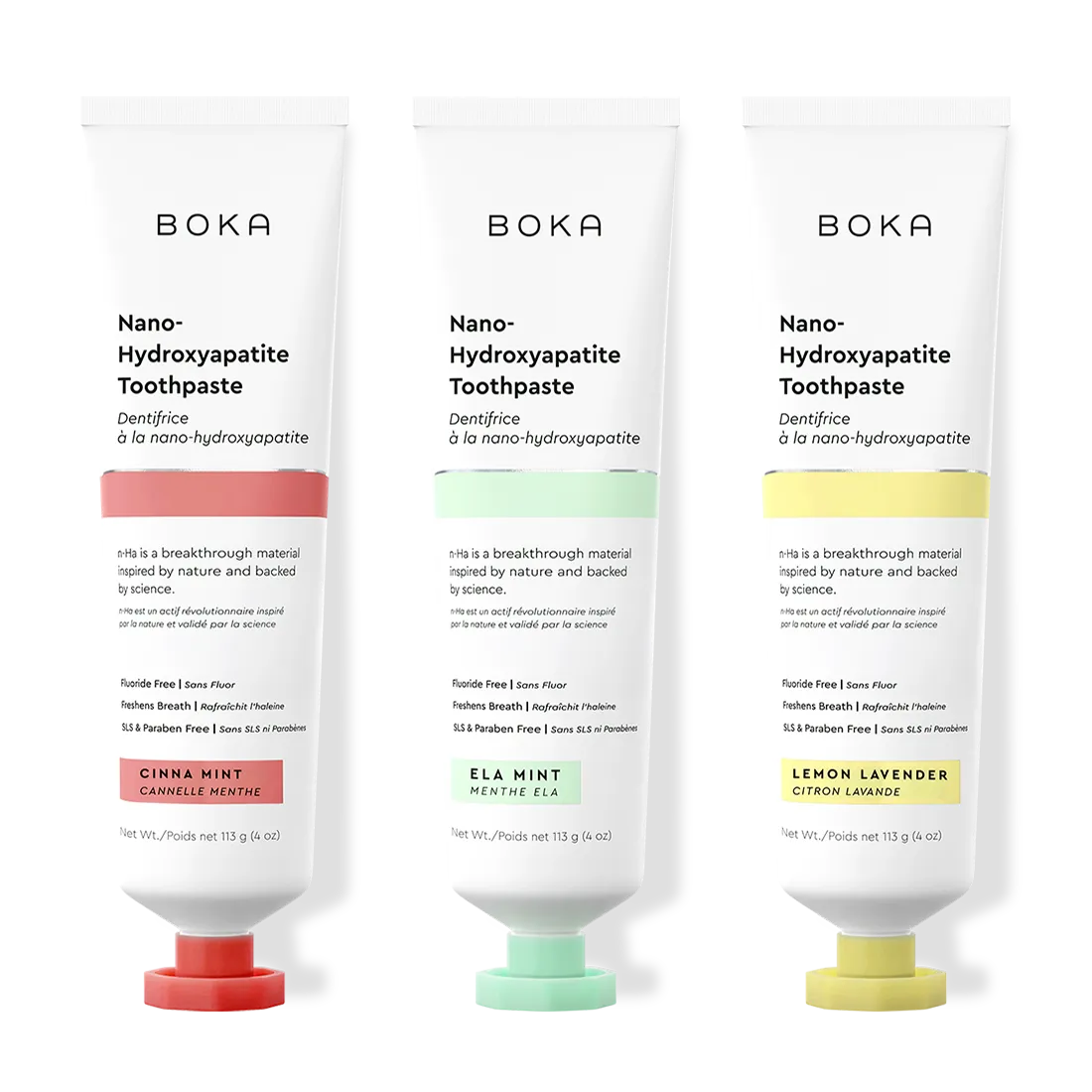 Three tubes of Boka Nano-Hydroxyapatite Toothpaste with different colored caps on a white background.