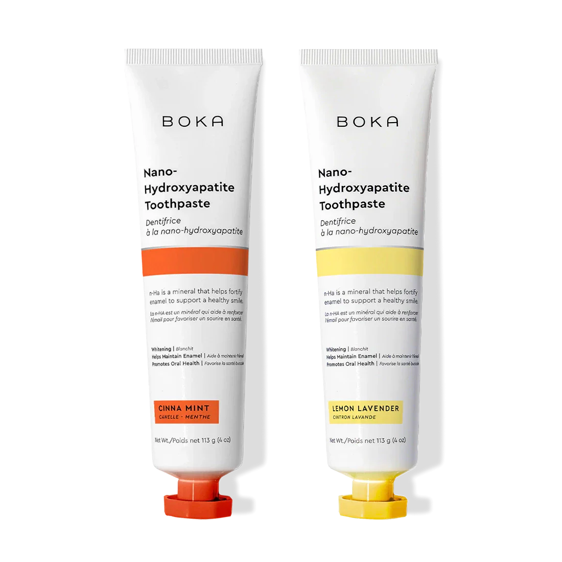 N-Ha Toothpaste 2-Pack: Cinna Mint & Lemon Lavender flavors, both with white caps.