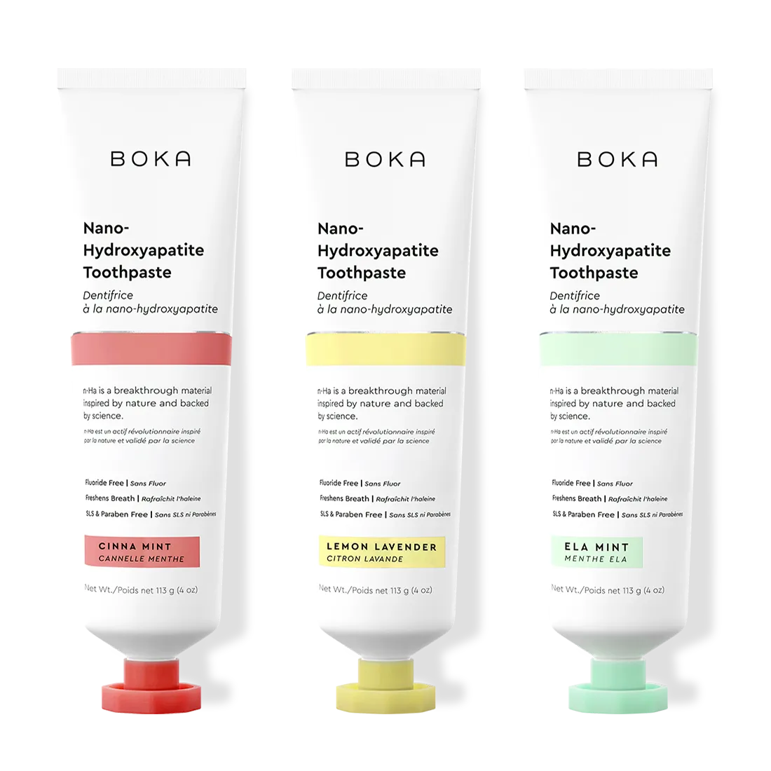 Three tubes of Boka Nano-Hydroxyapatite Toothpaste with different colored caps on a white background.