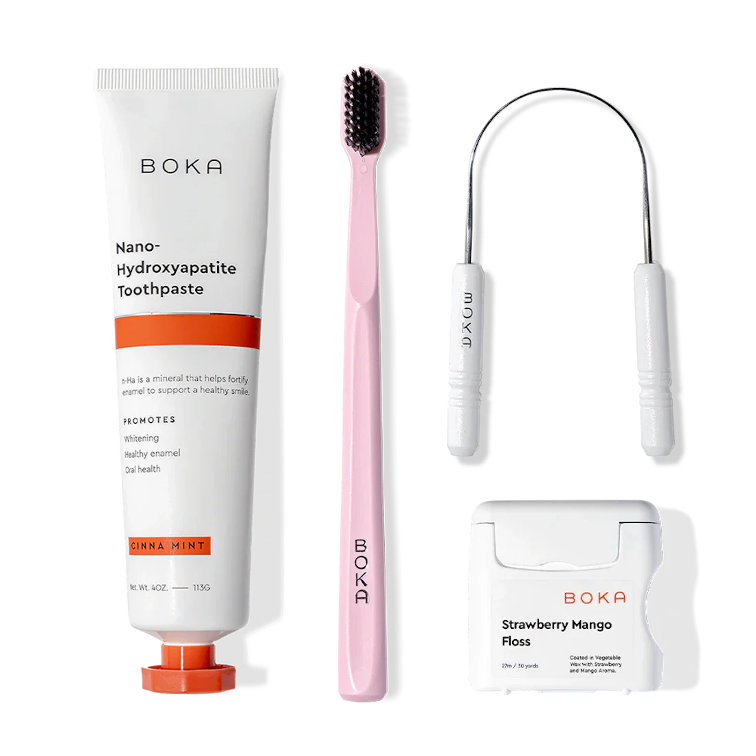 Starter Kit: includes nano-hydroxyapatite toothpaste, charcoal toothbrush, floss, and a tongue scraper.