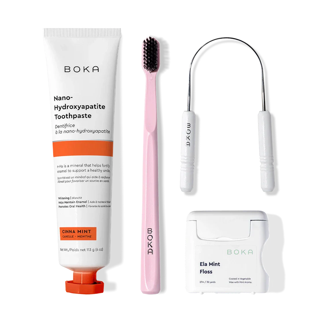 Starter Kit with nano-hydroxyapatite toothpaste, pink toothbrush, tongue cleaner & mint floss.