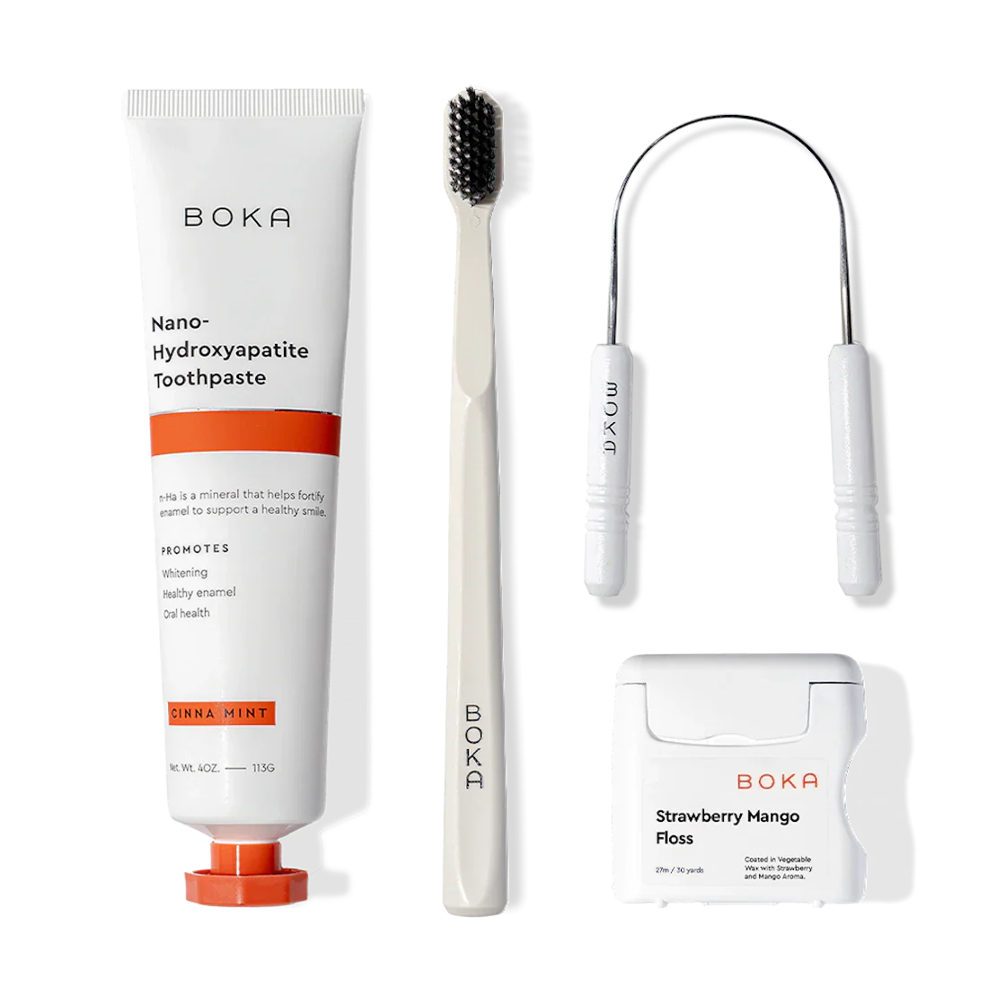 Boka Starter Kit: nano-hydroxyapatite toothpaste, charcoal toothbrush, and floss.