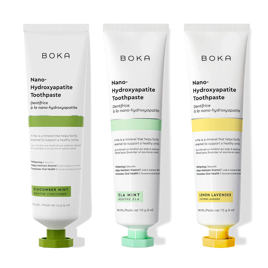 N-Ha Toothpaste 3-Pack: Cucumber Mint, Ela Mint & Lemon Lavender flavors for modern oral care.