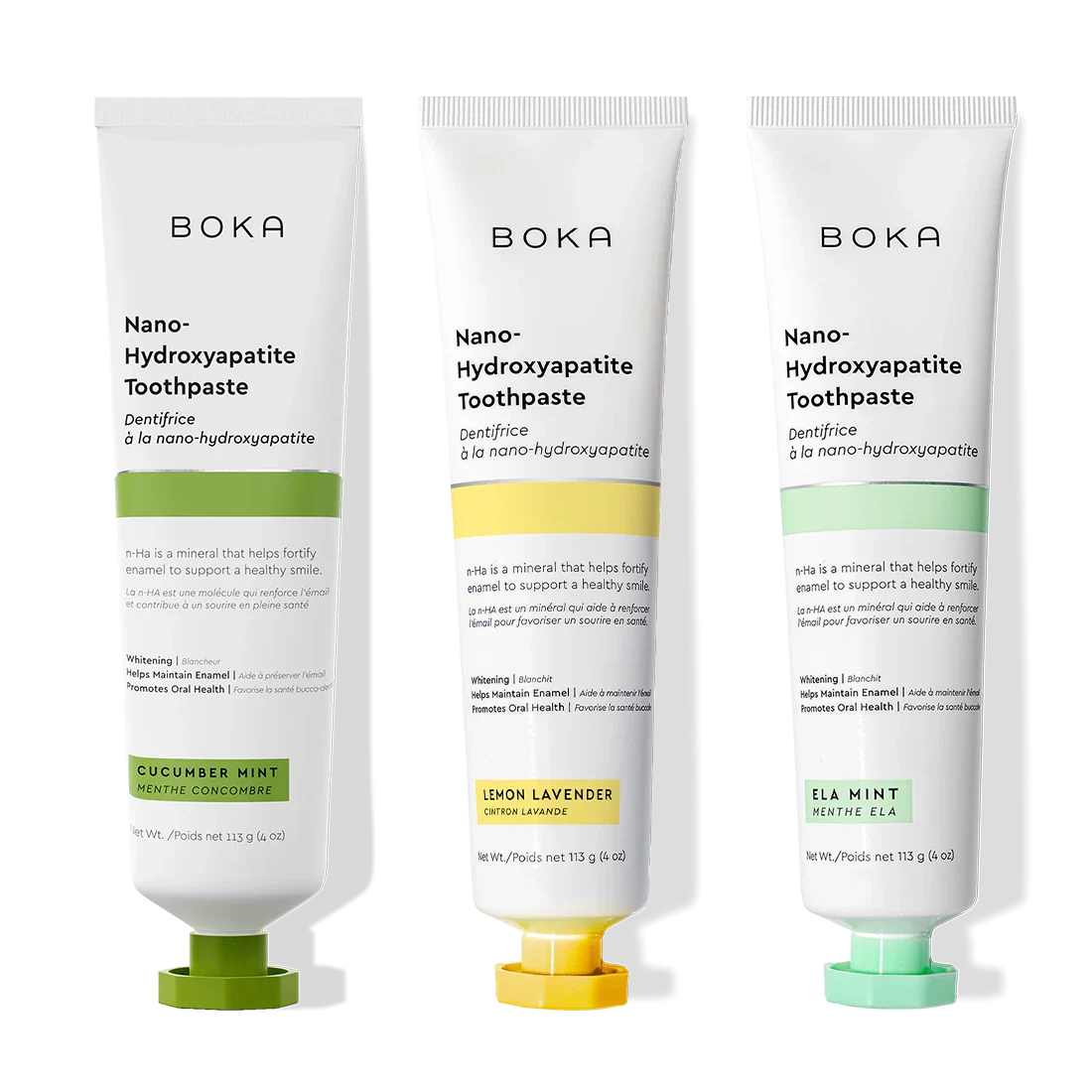 N-Ha Toothpaste 3-Pack: cucumber mint, lemon lavender, and ela mint flavors.