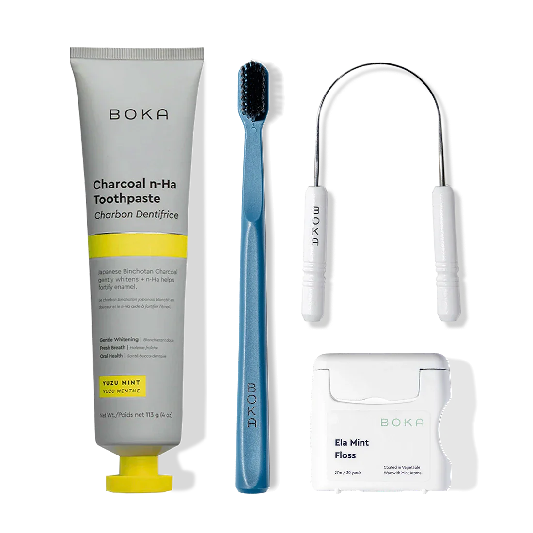 Boka Starter Kit: nano-hydroxyapatite toothpaste, blue charcoal-bristle brush & mint floss.