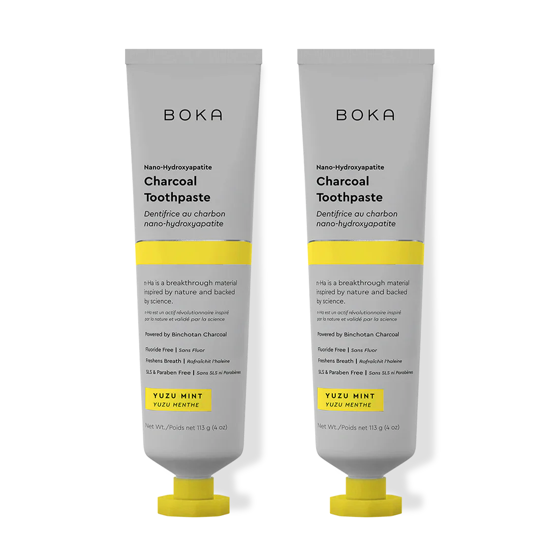 Two tubes of Boka Charcoal Toothpaste on a white background