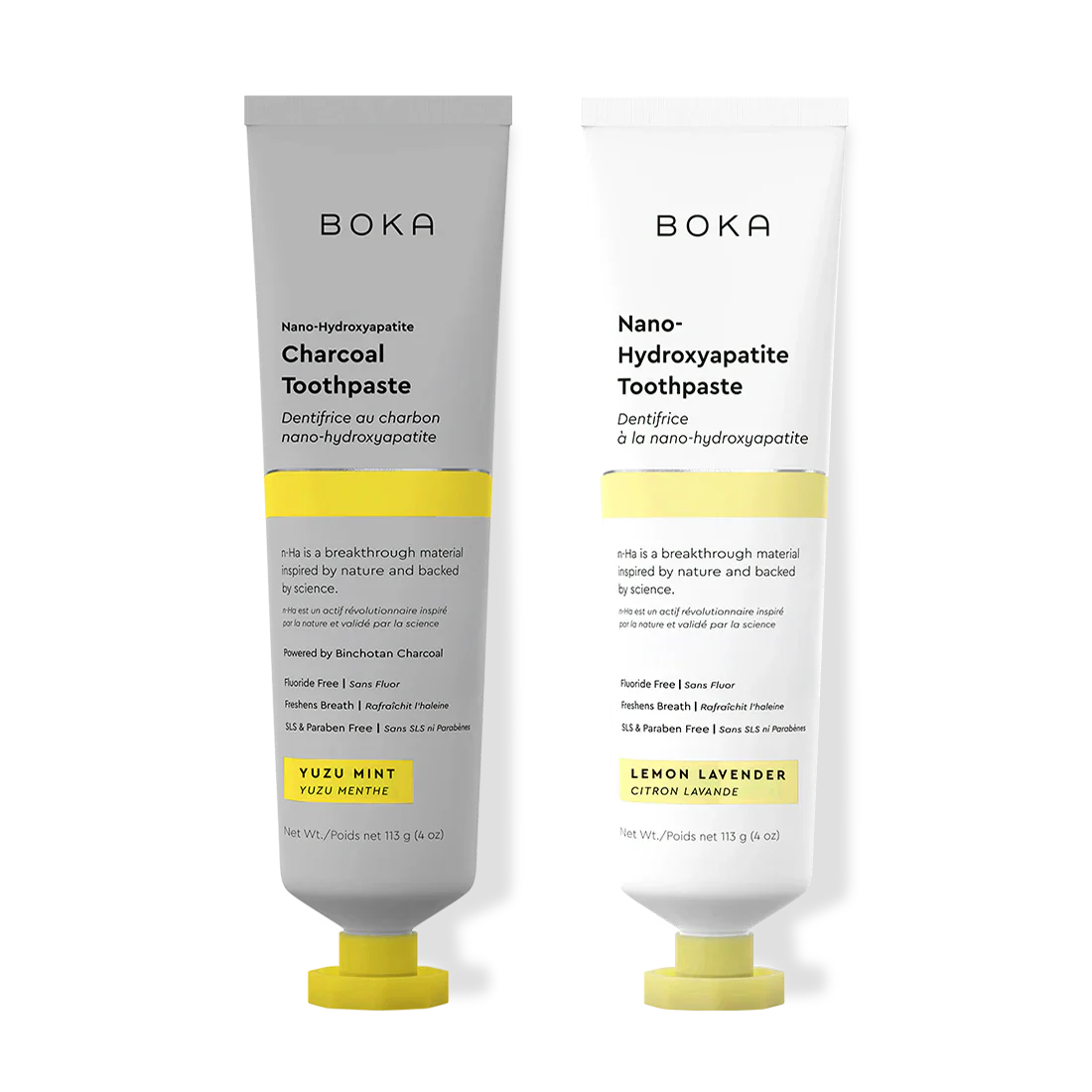Two Boka toothpaste tubes, one Charcoal and one Nano-Hydroxyapatite, on a white background.