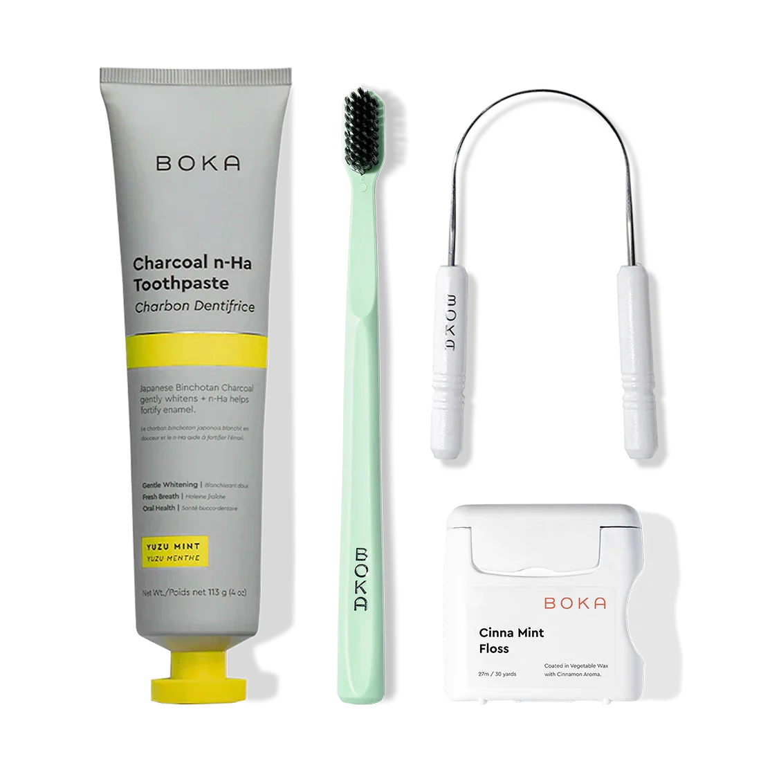 The Starter Kit includes toothpaste, a green toothbrush with charcoal bristles, and Cinna Mint floss.