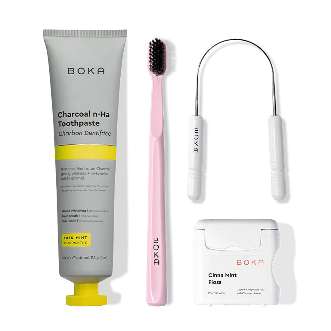 The Starter Kit includes nano-hydroxyapatite toothpaste, a pink charcoal toothbrush, and a tongue scraper.
