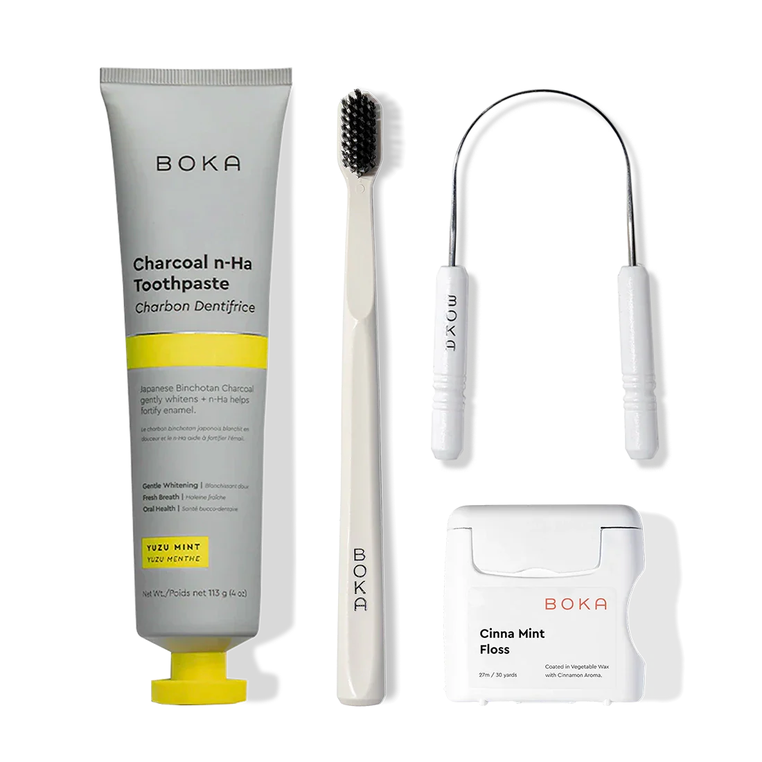 Starter Kit with nano-hydroxyapatite toothpaste, toothbrush, tongue cleaner, and Cinna Mint floss.