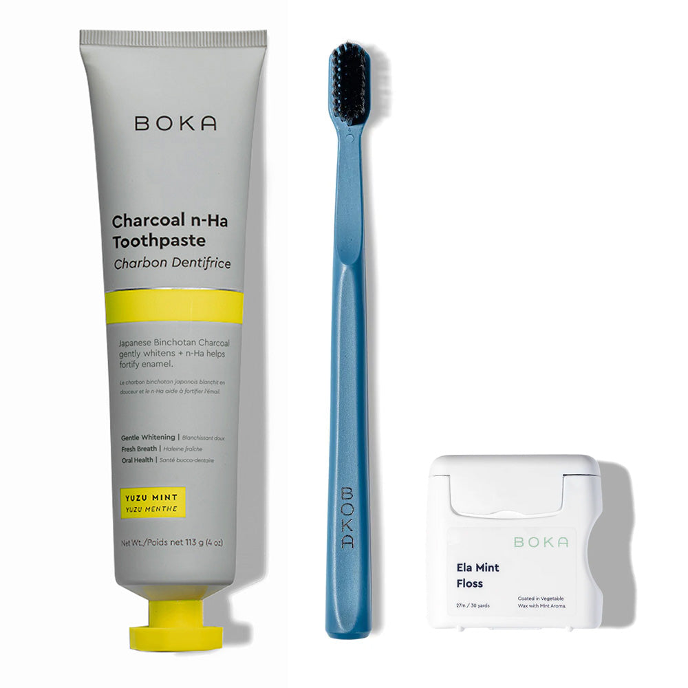 The Classic Kit includes nano-hydroxyapatite toothpaste, a blue charcoal-bristle brush, and teflon-free floss.