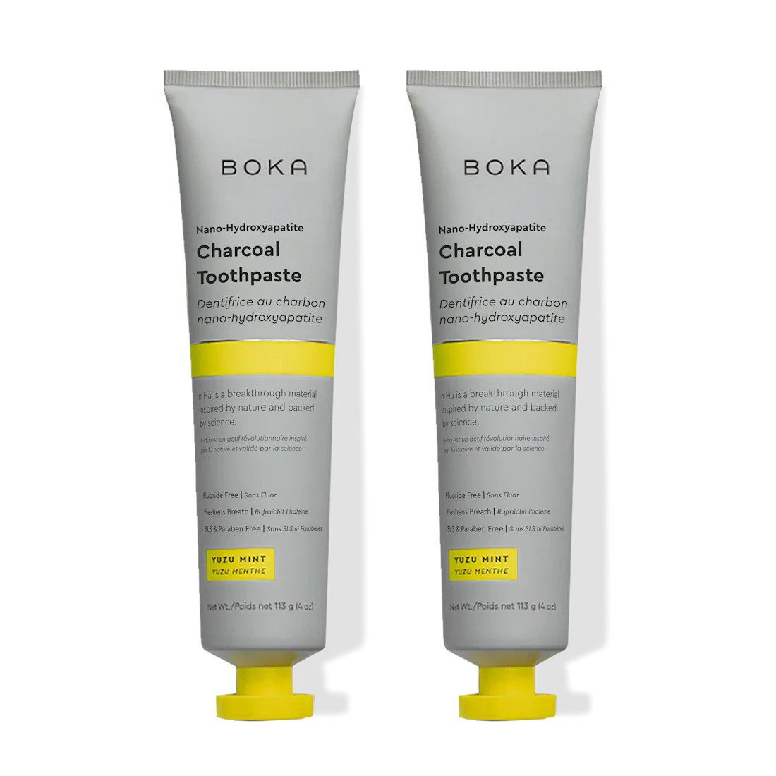 Two tubes of Boka Charcoal Toothpaste on a white background