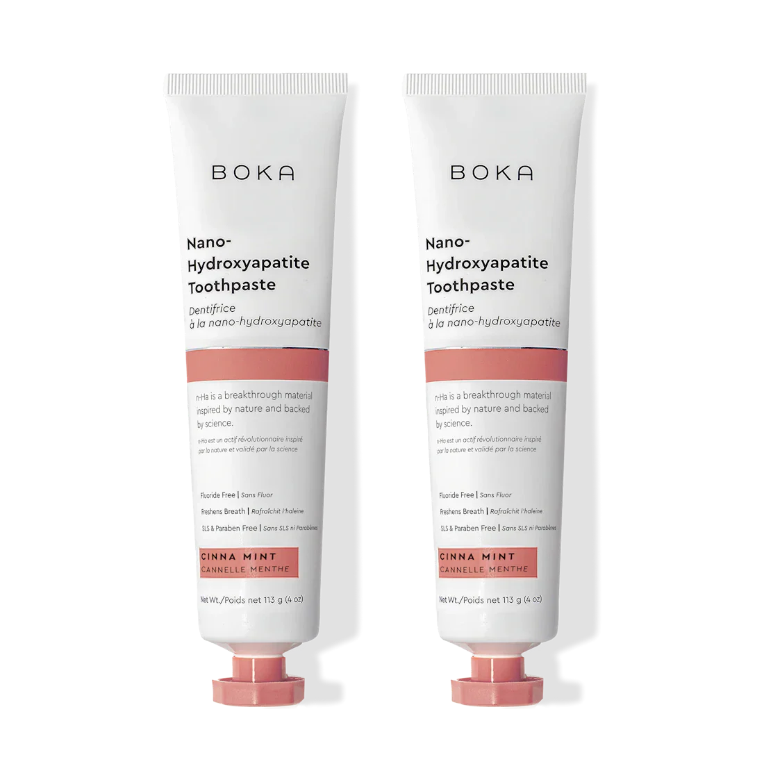 Two tubes of Boka Nano Hydroxyapatite Toothpaste on a white background