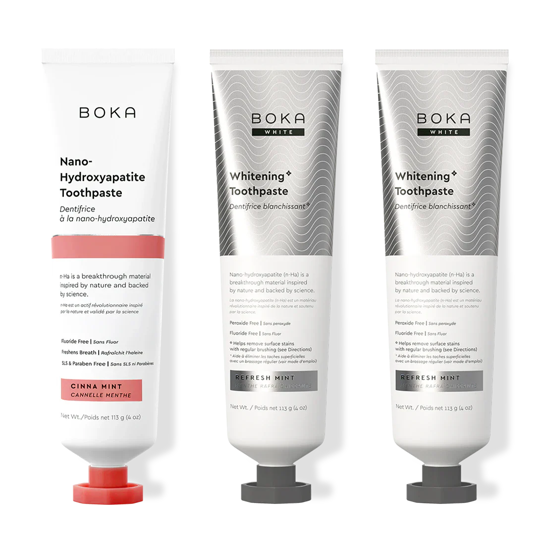 Three bottles of Boka Nano-Hydroxyapatite Toothpaste on a white background