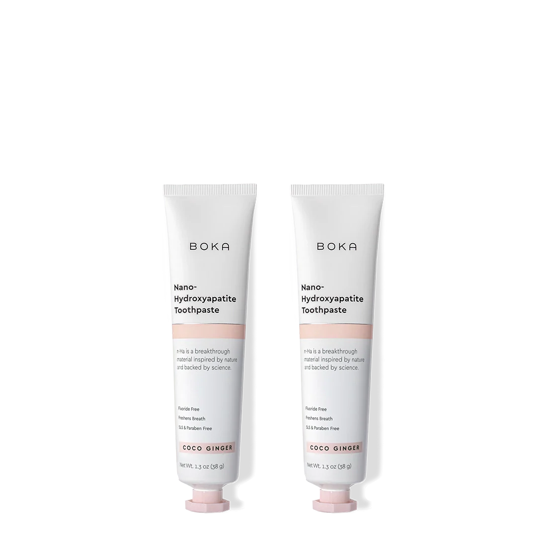 Two tubes of Boka Nano-Hydroxyapatite Toothpaste on a white background