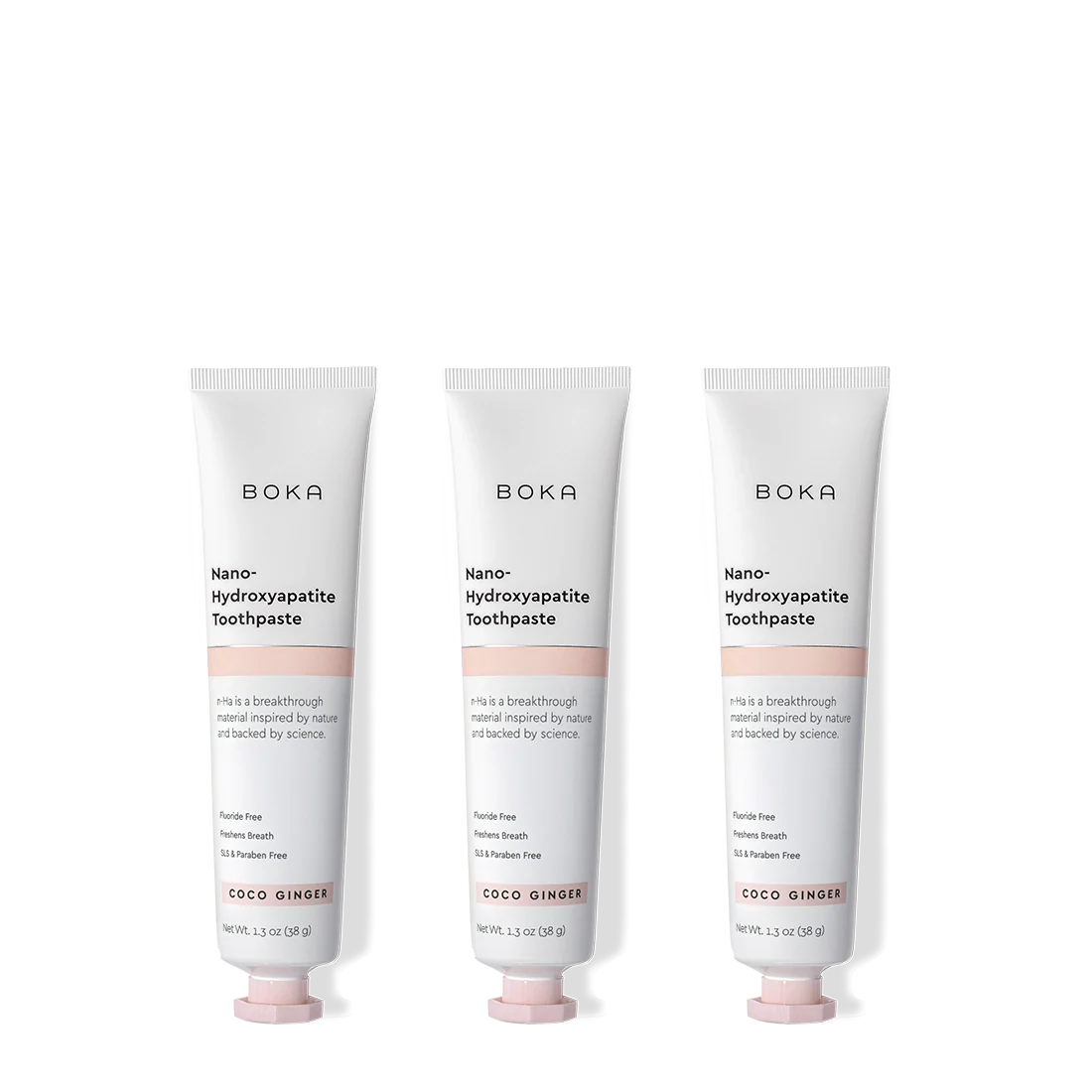 Three tubes of Boka Nano-Hydroxyapatite Toothpaste on a white background