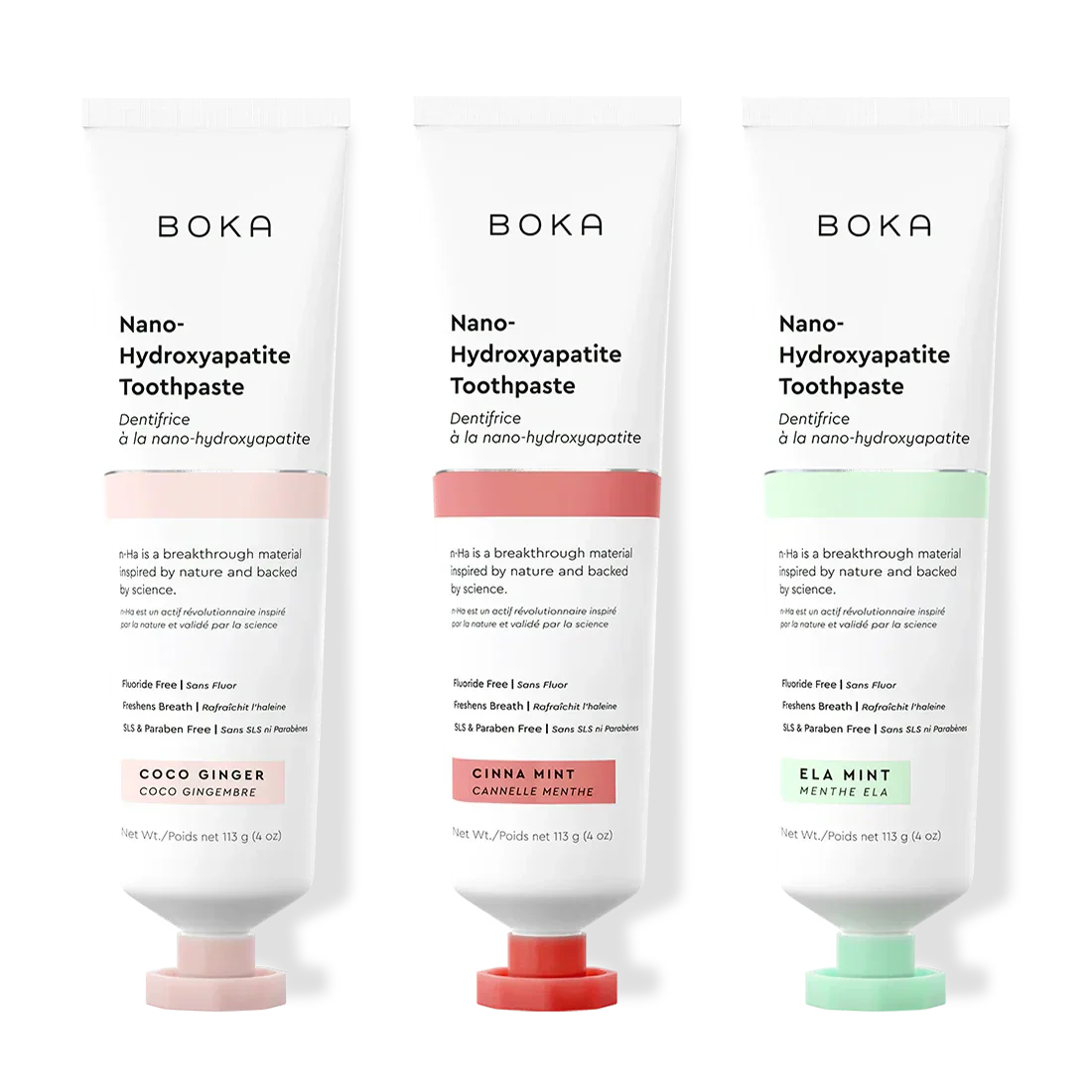 Three tubes of Boka Nano-Hydroxyapatite Toothpaste with different flavors on a white background.