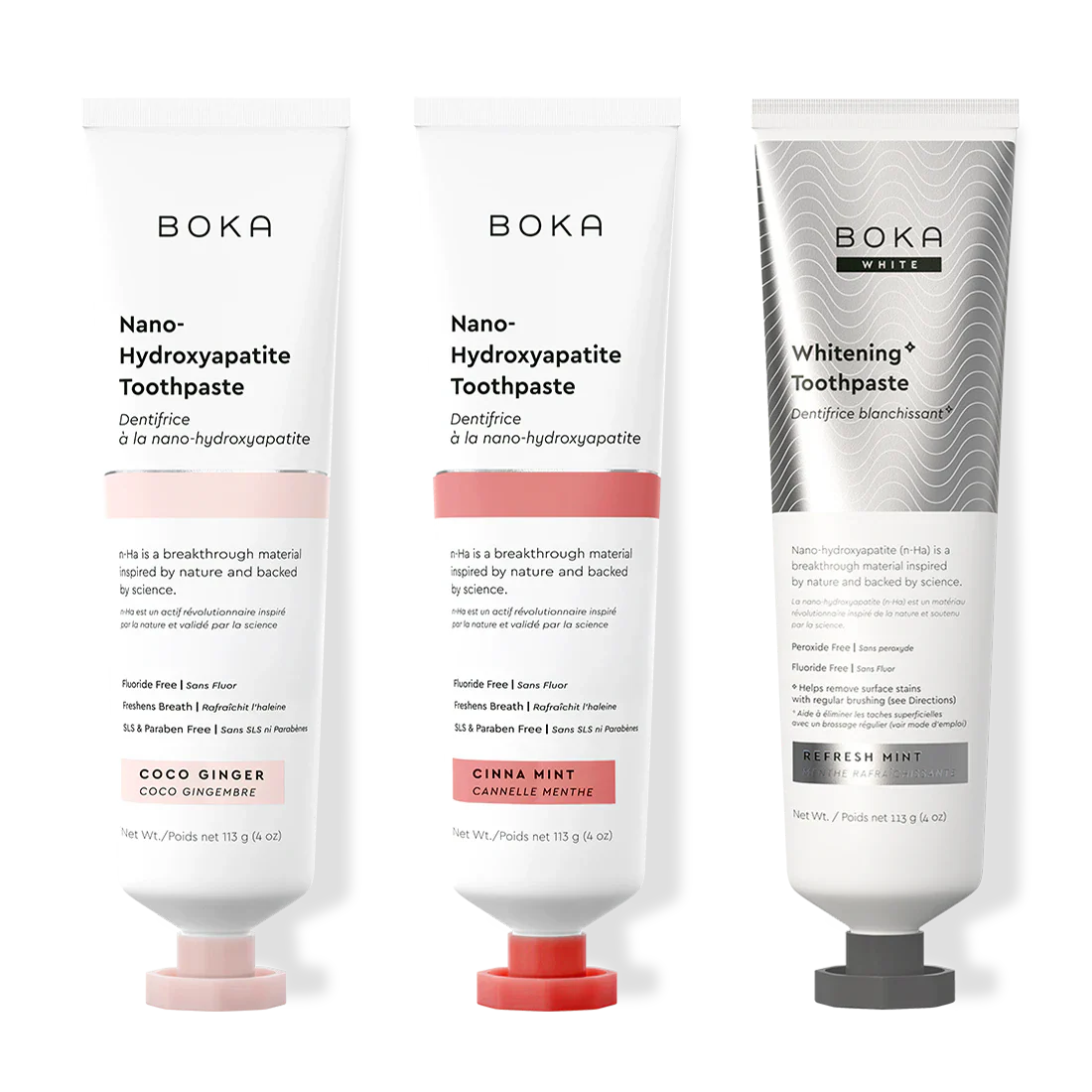 Three bottles of Boka Nano-Hydroxyapatite Toothpaste on a white background