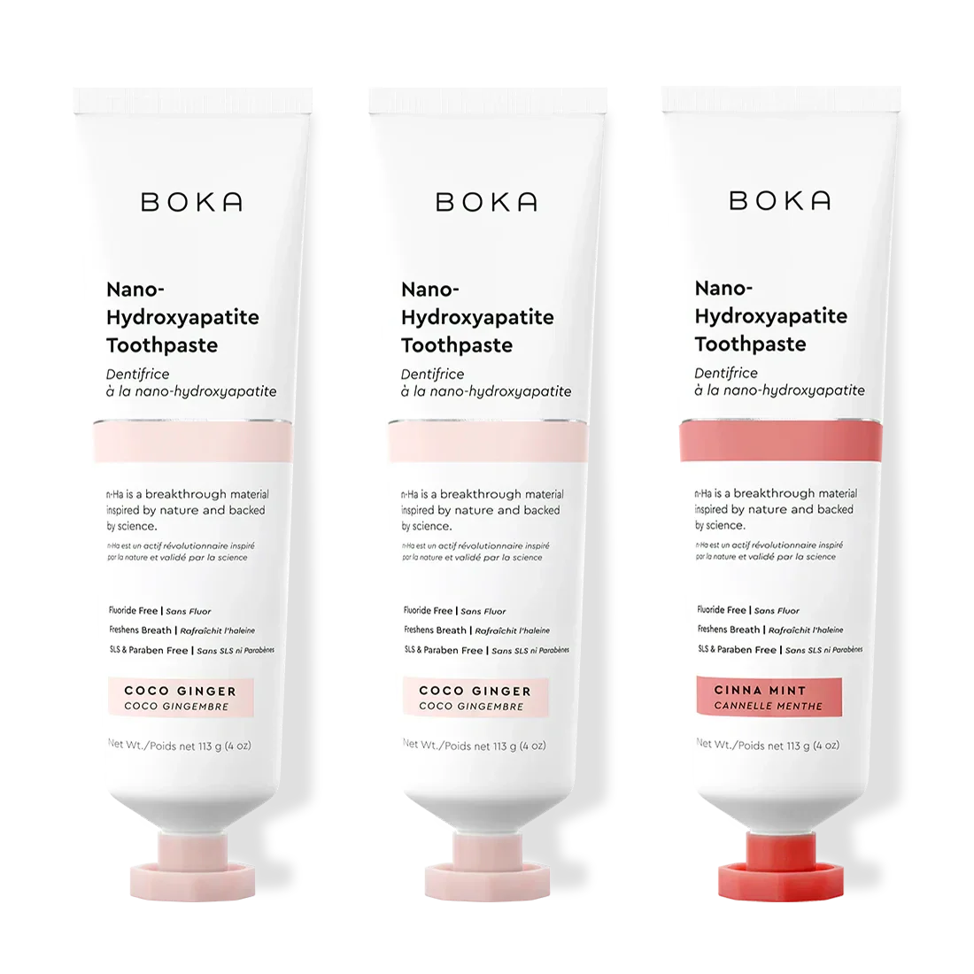 Three tubes of Boka Nano-Hydroxyapatite Toothpaste with different flavors on a white background.