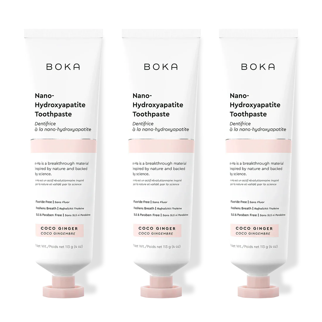 Three bottles of Boka Nano-Hydroxyapatite Toothpaste on a white background