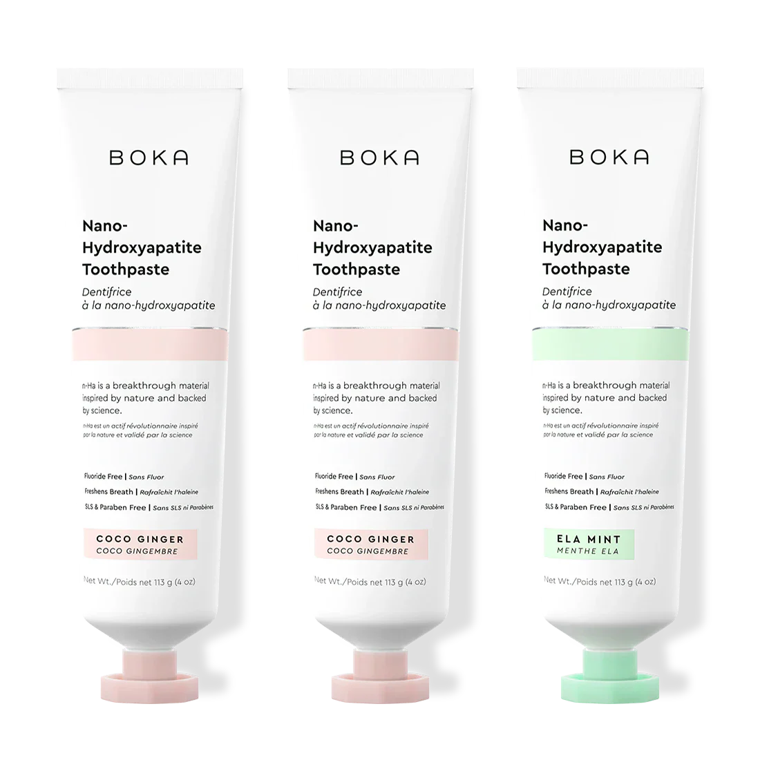 Three tubes of Boka Nano-Hydroxyapatite Toothpaste on a white background
