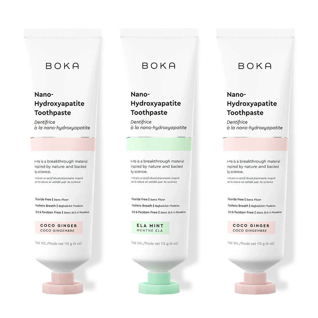 Three tubes of Boka Nano-Hydroxyapatite Toothpaste on a white background