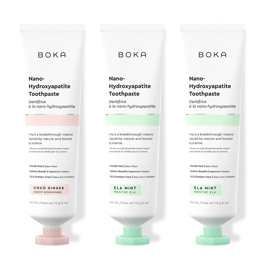 Three tubes of Boka Nano-Hydroxyapatite Toothpaste on a white background