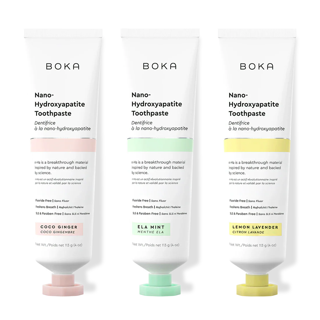 Three tubes of Boka Nano-Hydroxyapatite Toothpaste on a white background