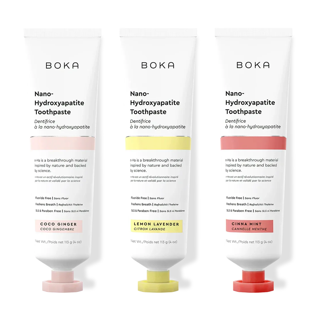 Three tubes of Boka Nano-Hydroxyapatite Toothpaste with different flavors on a white background.