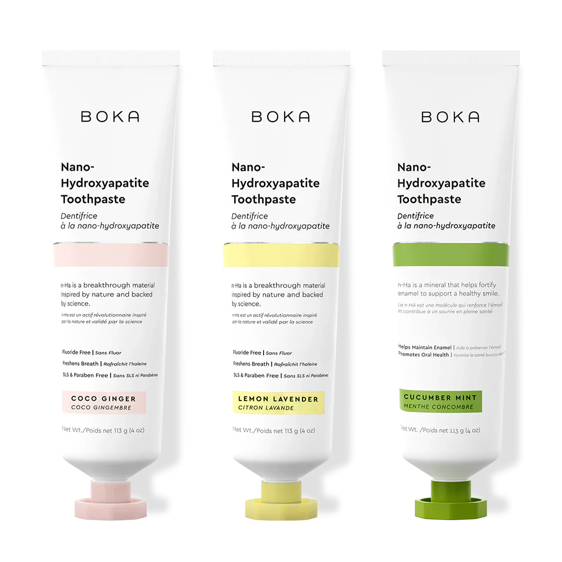 Three bottles of Boka Nano-Hydroxyapatite Toothpaste on a white background